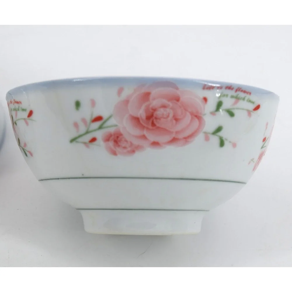 Vintage Asian Floral Rice Bowls Set of 2 White Pink Good Rose Quote Dainty